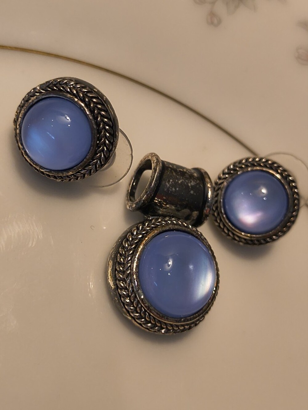 Vintage Pastel Blue Moonglow Lucite  Pendant and Earring Trio Set Silver Tone